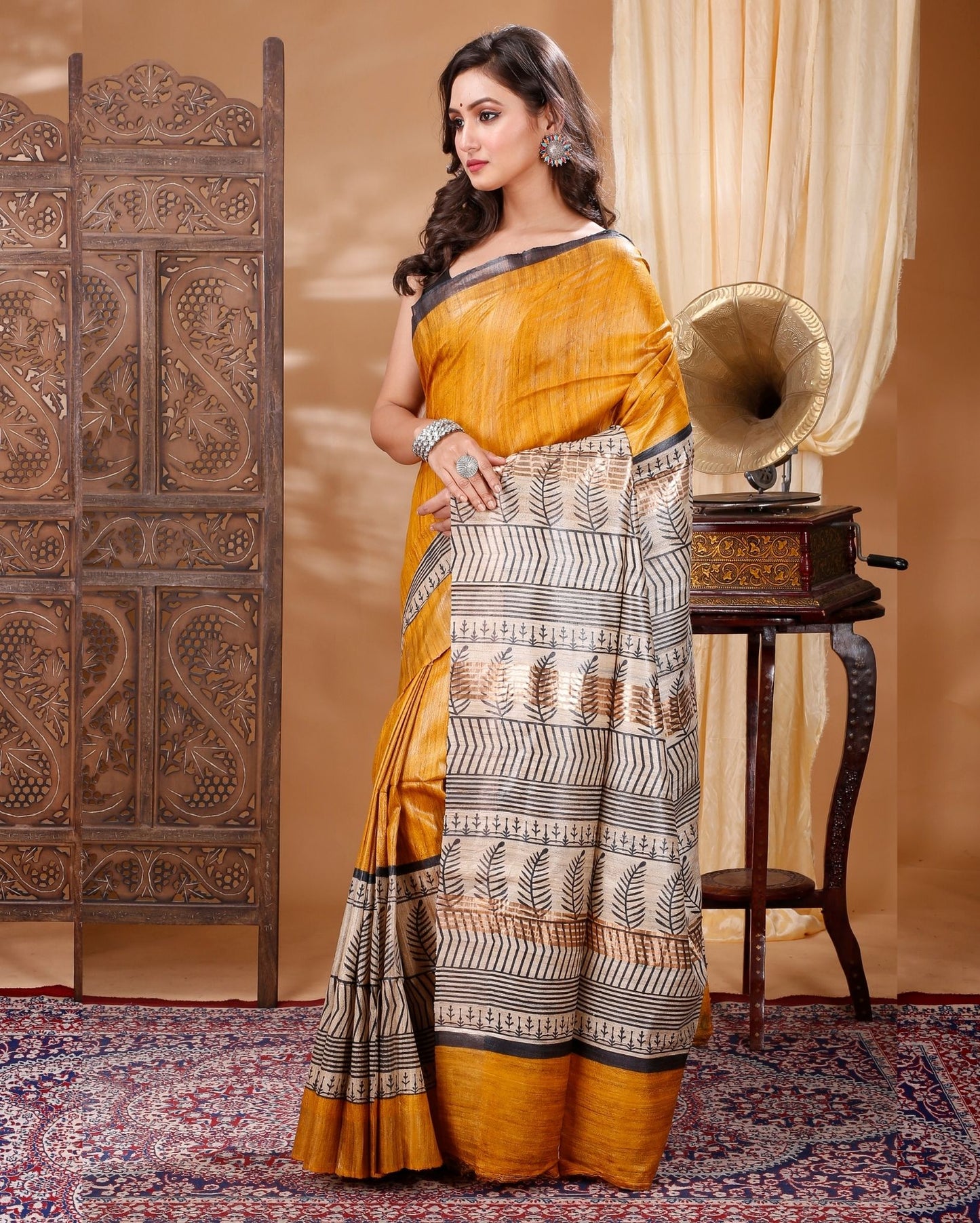 7233-Silkmark Certified Tussar Silk Handloom Handblock Printed Dark Yellow &  Spanish Grey Colors Saree with Blouse
