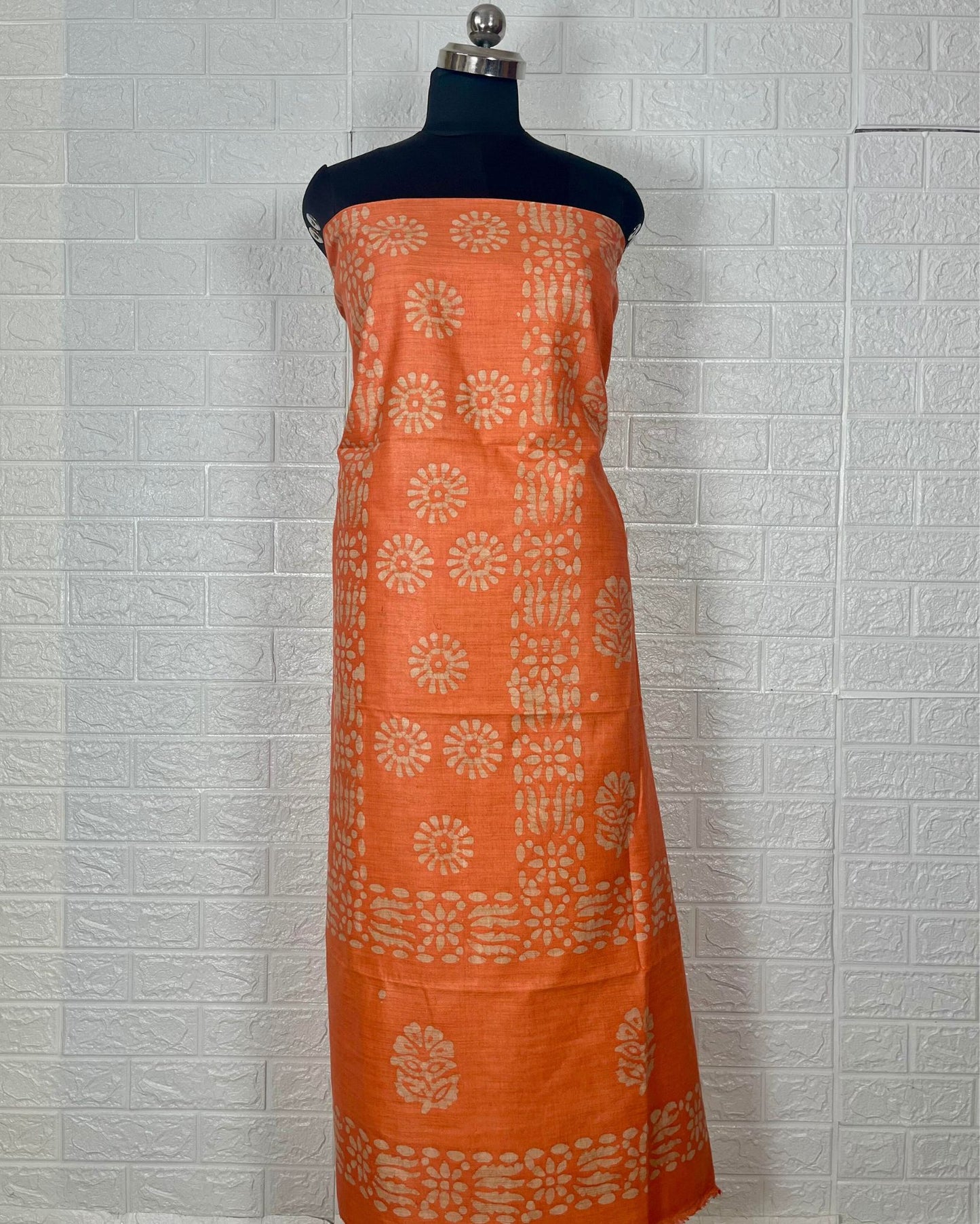3167-Khadi Cotton Batik Handblock Print Orange color Suit Piece with Bottom and Dupatta