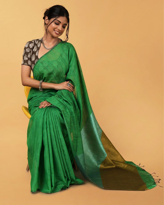 4648-Silk Linen Plain Saree Green Color with contrast border and attached Running Blouse (Any Colour Customizable)