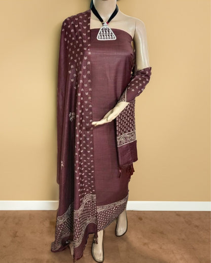 1092-Katan Silk Printed Suit Piece Brown Color with Bottom and Dupatta Handcrafted
