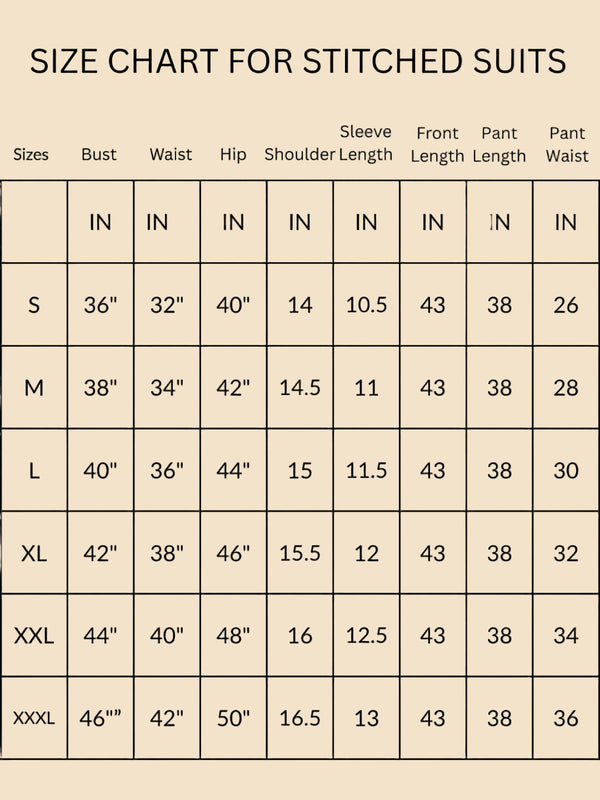 Size chart for IndieHaat products - Women's Kurti