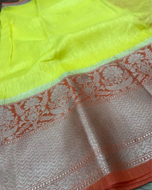 Precious Banarasi Silk Linen Green Handloom Saree
