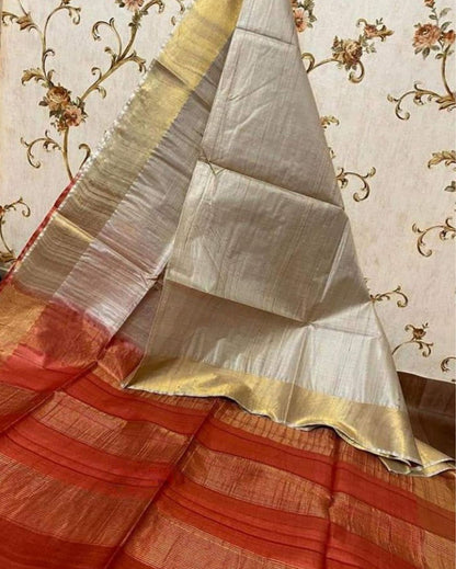 7516-Handloom Kota Silk Saree Beige Color with Red Pallu and Red Blouse
