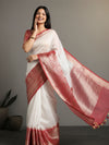 Silk Linen Banarasi Brocade Weaving Handloom White Saree with Blouse-Indiehaat