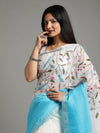 Surreal Pure Linen Saree Hand Embroidered White & Blue