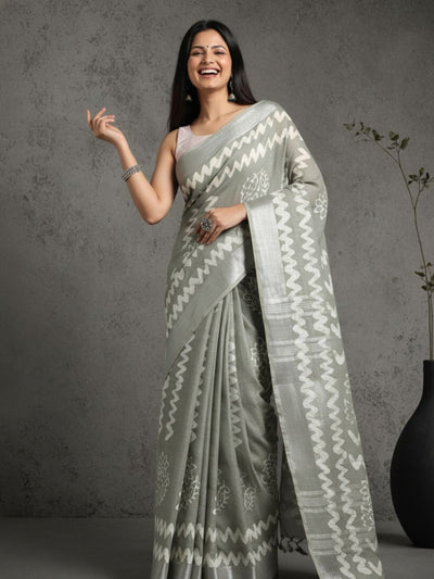 Smoky Slub Linen Saree Wax Batik Hand Dyed Flannel Gray