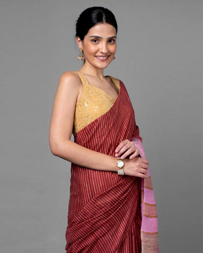 4573-Silkmark Certified Eri Silk with Gichcha Tussar Stripes Hand Dyed maroon Saree with Blouse