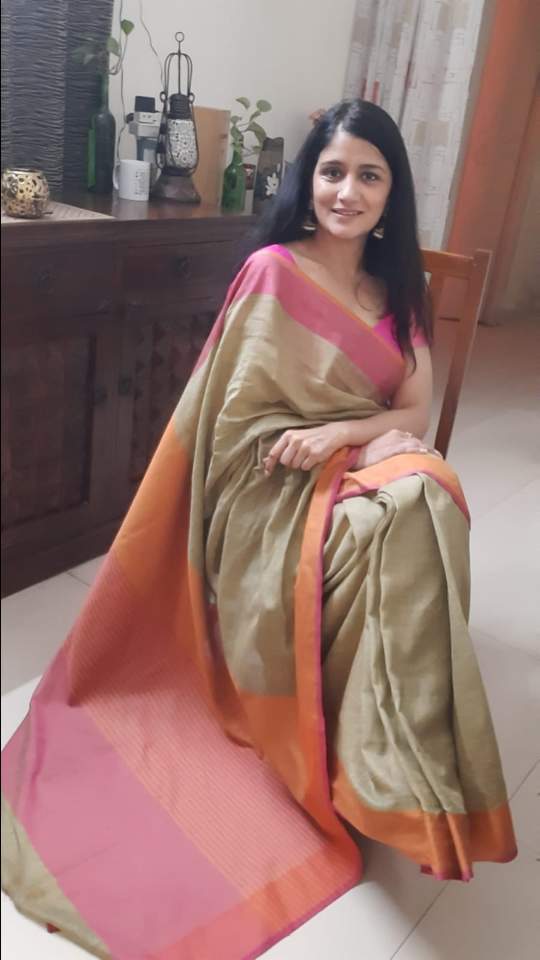Handwoven Pure Linen Saree Beige Color with Blouse-Indiehaat