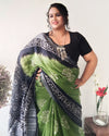 Slub Linen Saree Batik Print Moss Green Color with running blouse-Indiehaat