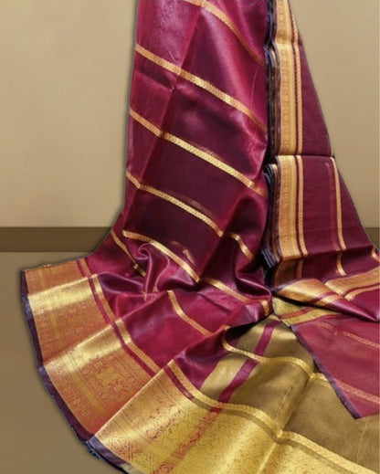 9872-Organza Pure Banarasi Silk Saree With Striped body running blouse Red Colour