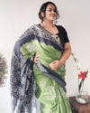 Slub Linen Saree Batik Print Moss Green Color with running blouse-Indiehaat