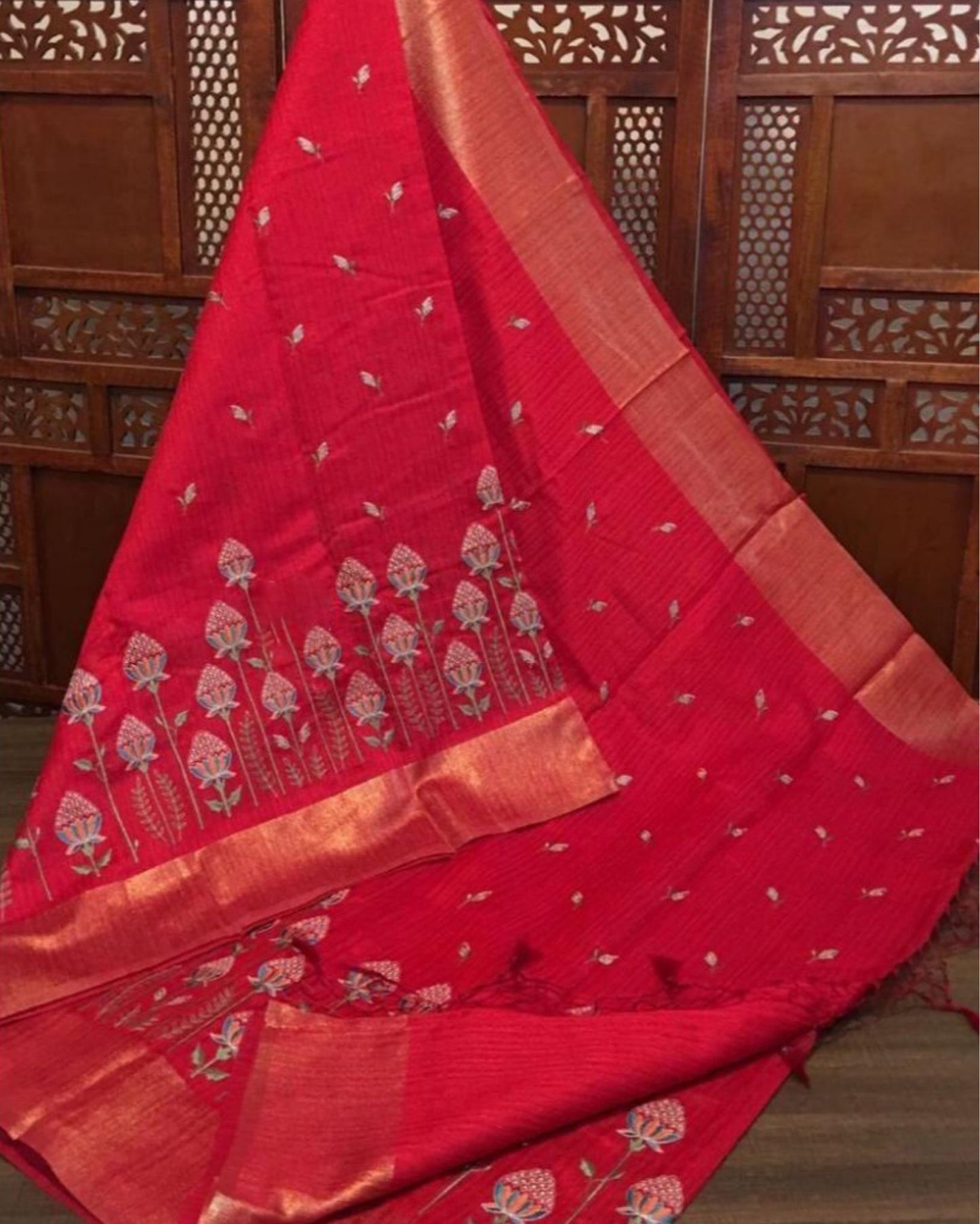 Silkmark Certified Pure Tussar Misty Embroidered Red Saree
