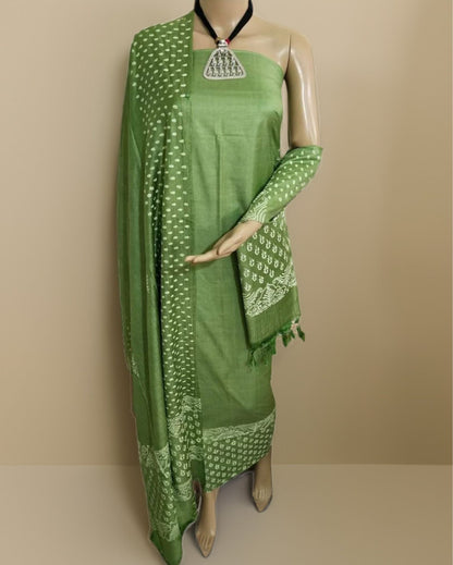 7055-Katan Silk Printed Suit Piece Green Color with Bottom and Dupatta Handcrafted