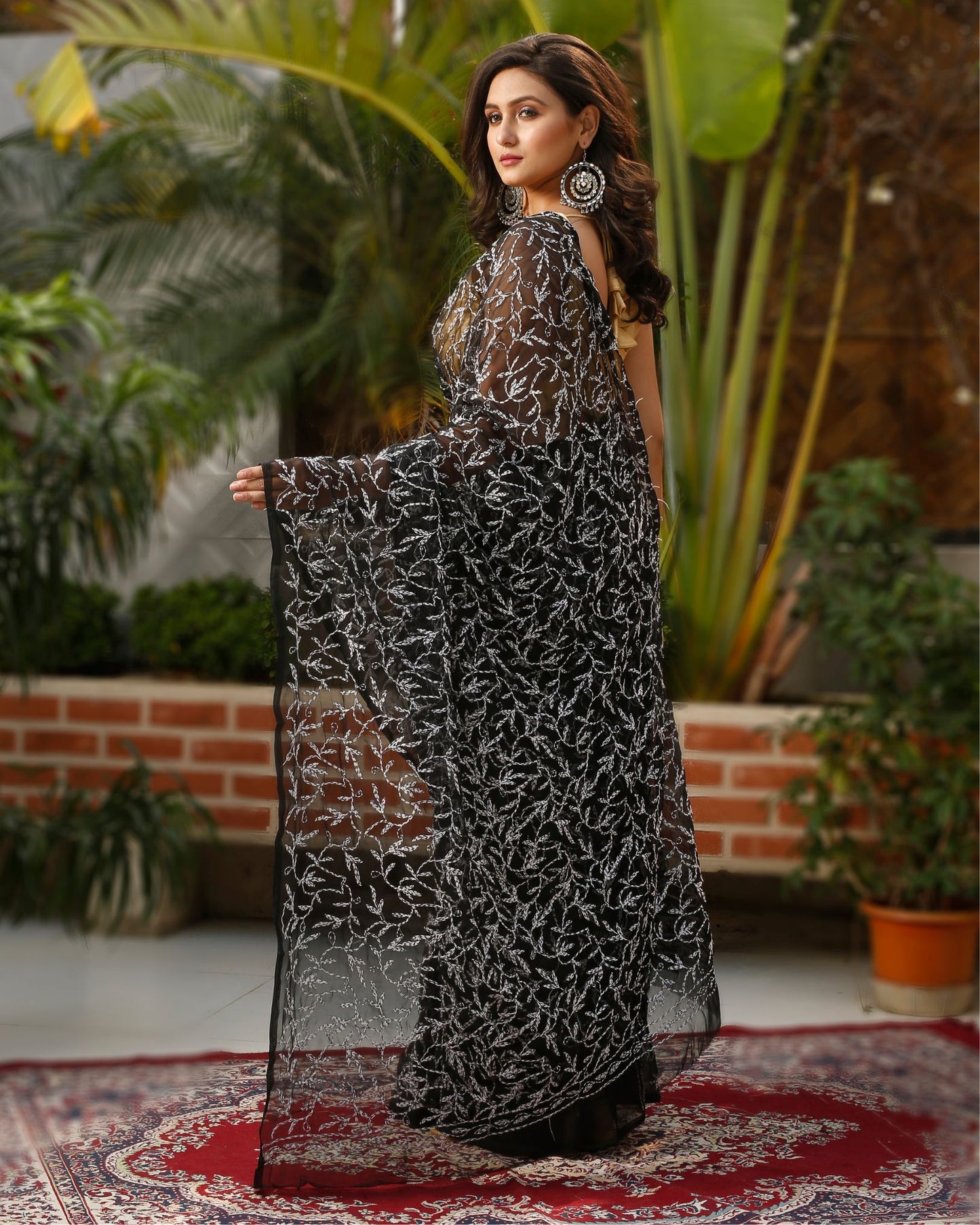 2921-Georgette Handcrafted Tepchi work Black Saree with Running Blouse