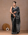 Indiehaat | Mulmul Cotton Saree Black Color Handblock Printed with Running Blouse