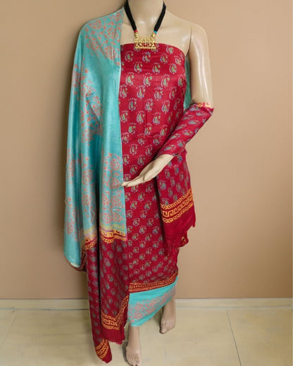 1478-Katan Silk Printed Suit Piece Red Color with Bottom and Dupatta Handcrafted