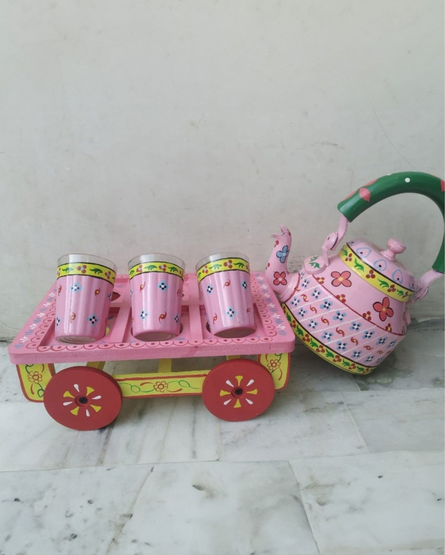 3963-Hand Painted Pink  Aluminium Tea Kettle With 6 Glasses And Wooden Kart