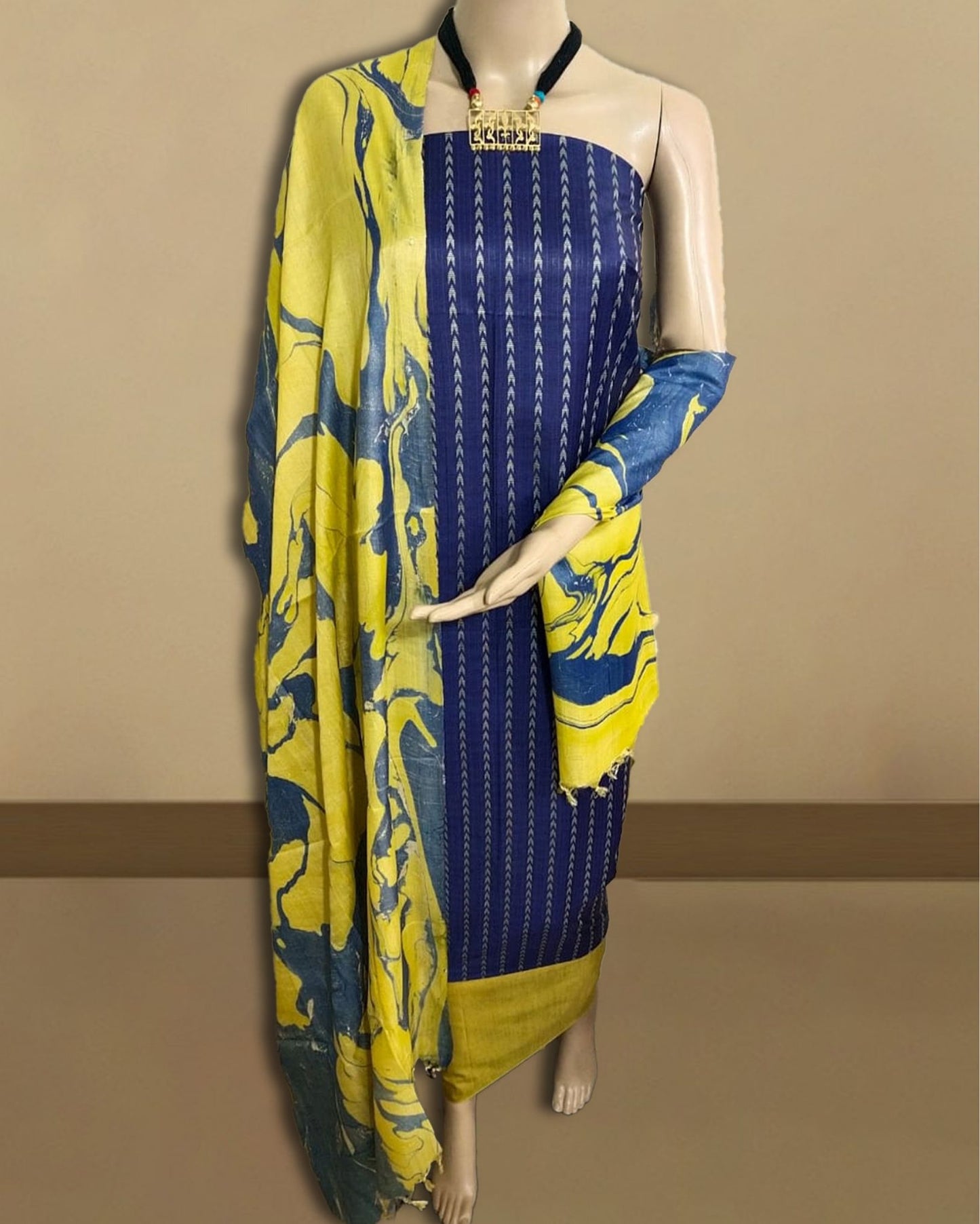 4940-Handcrafted Katan Blue Silk Suit Piece with Bottom and Dupatta