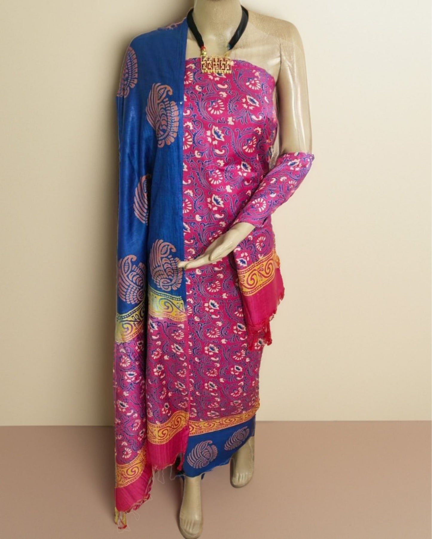 3599-Katan Silk Printed Suit Piece Violet Color with Bottom and Dupatta Handcrafted