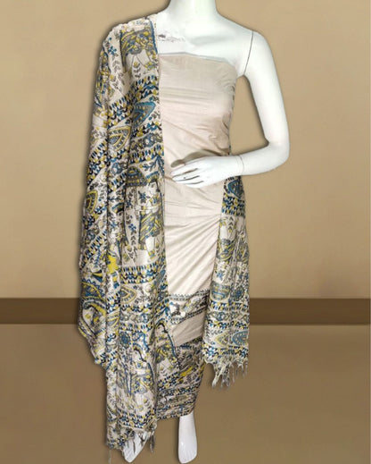 4150-Katan White Coffee Silk Madhubani Printed Suit Piece with Bottom and Multi Color Dupatta Handcrafted