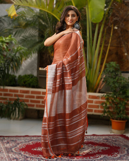 Ethereal Handwoven Pure Linen Brown Saree