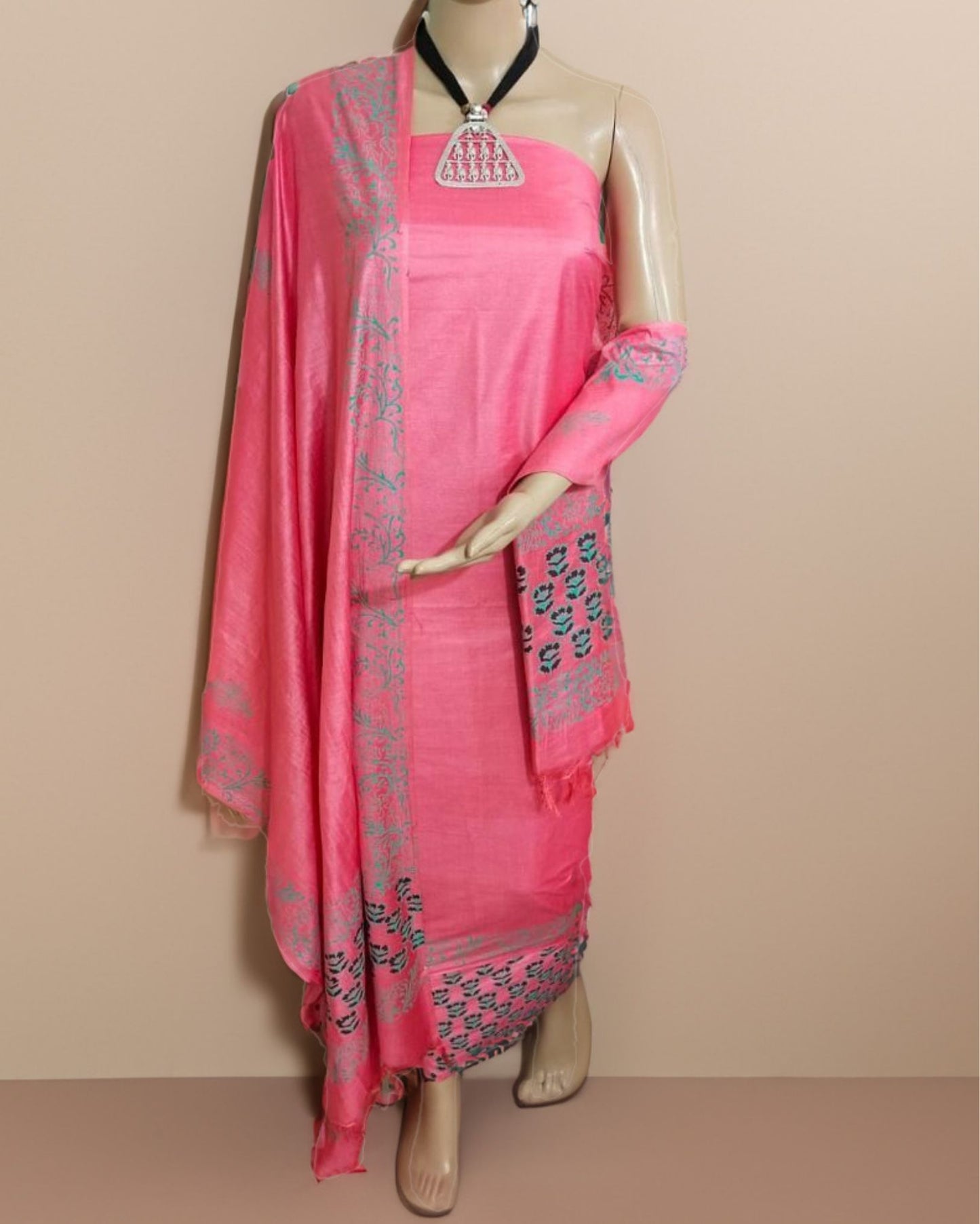 Katan Silk Rosy Blockprint Pink Suit