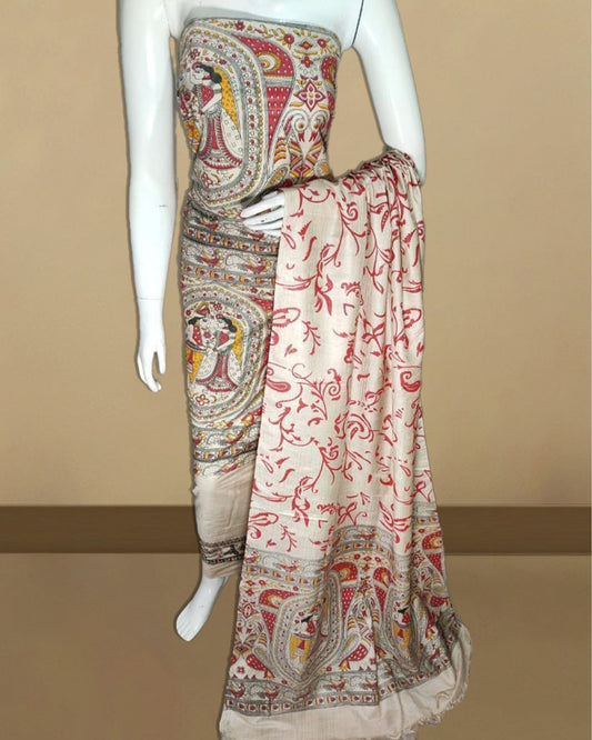 Stunning Katan Silk Madhubani Beige Suit