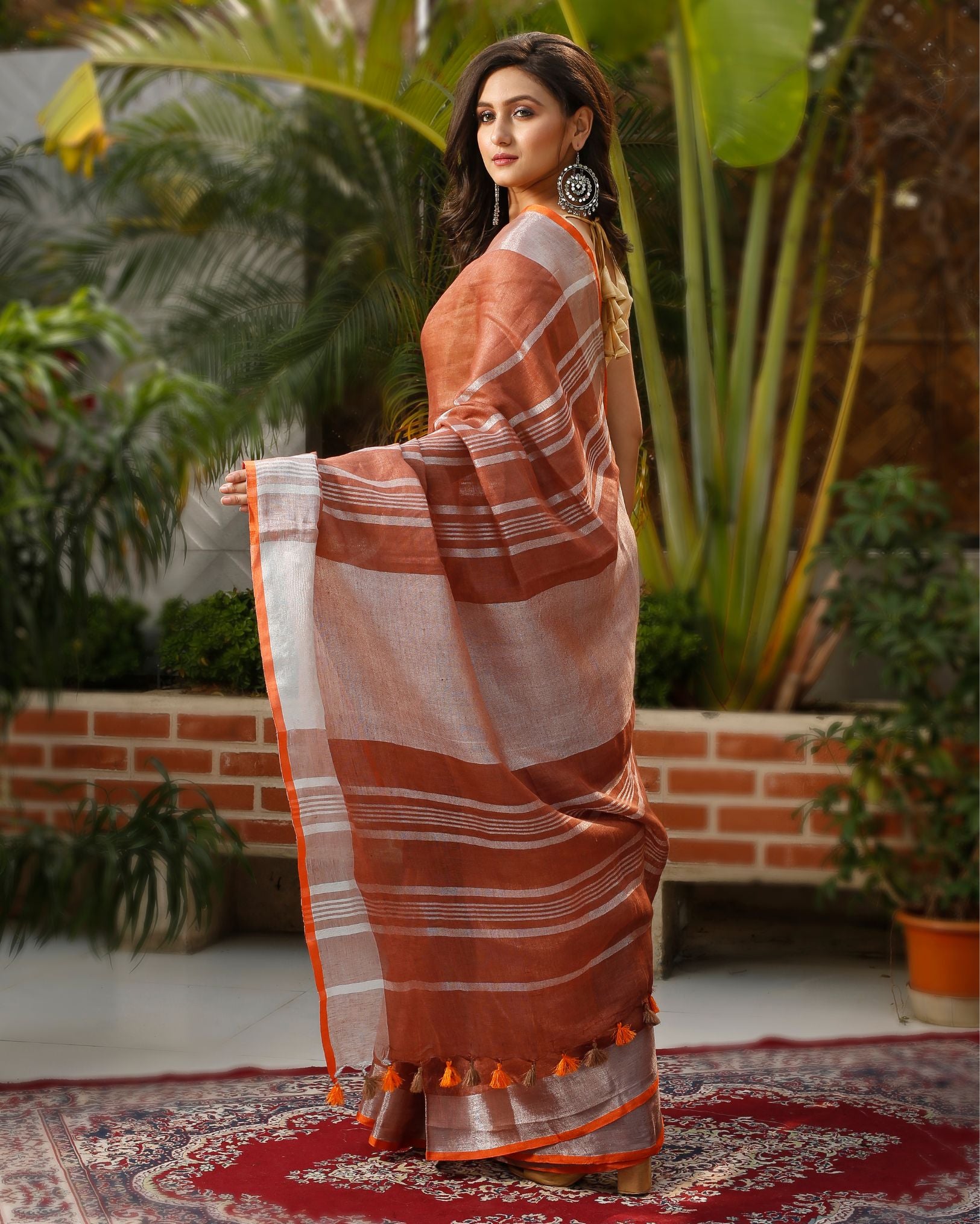 Handwoven Pure Linen Yellow Saree with Blouse-Indiehaat