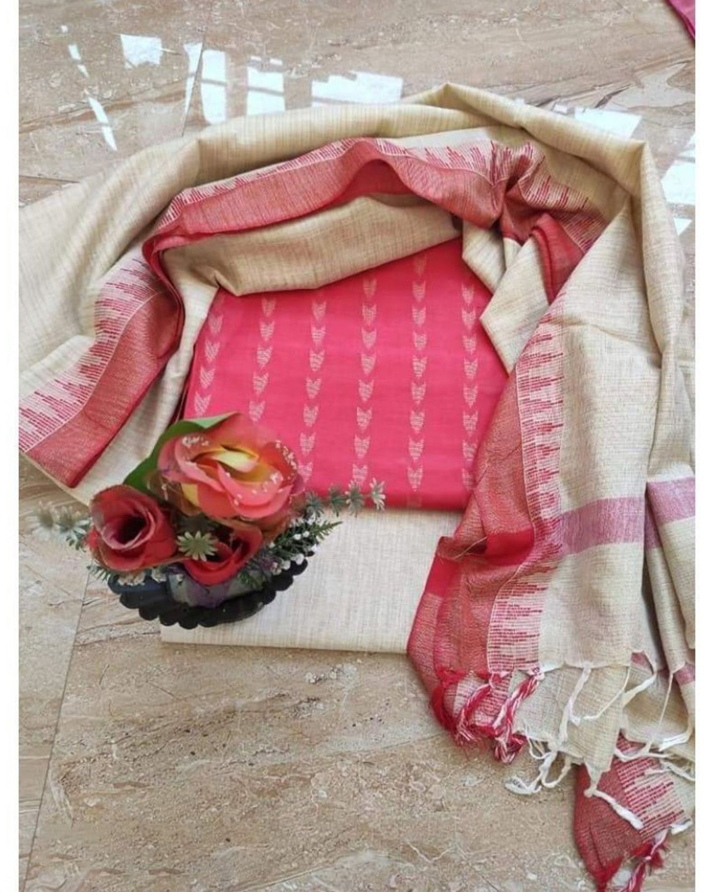 7282-Handcrafted Khadi Cotton Weaving Design Pink Suit Piece with Bottom and Dupatta