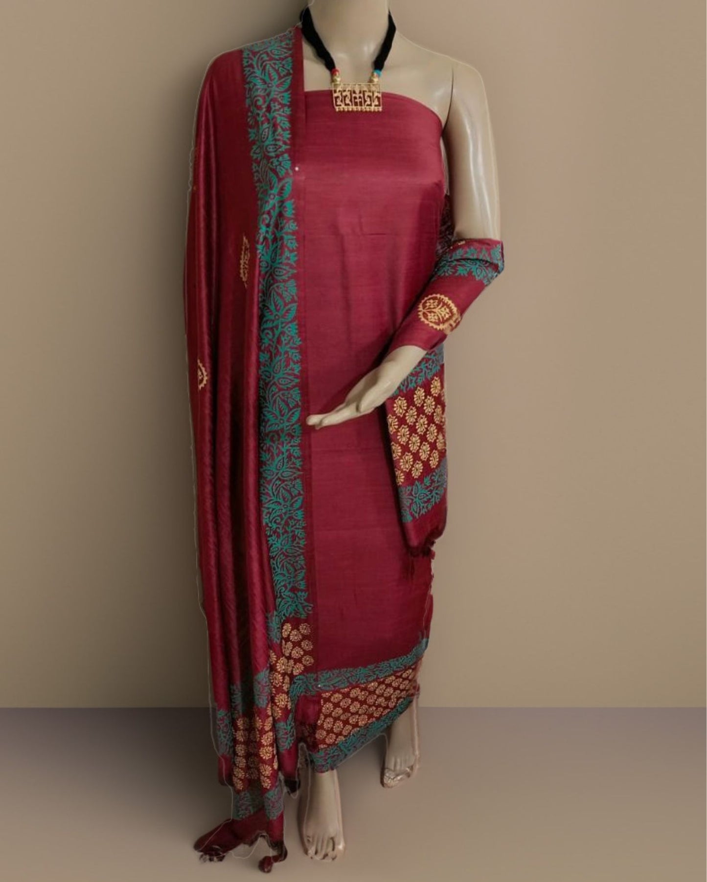 9931-Katan Silk Printed Suit Piece Berry Red Color with Bottom and Dupatta Handcrafted