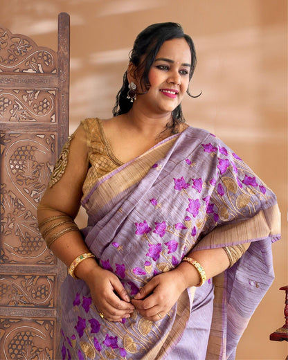 IndieHaat | Banswara Silk Lavendar Saree Digital Embroidery Lotus Design Running Blouse