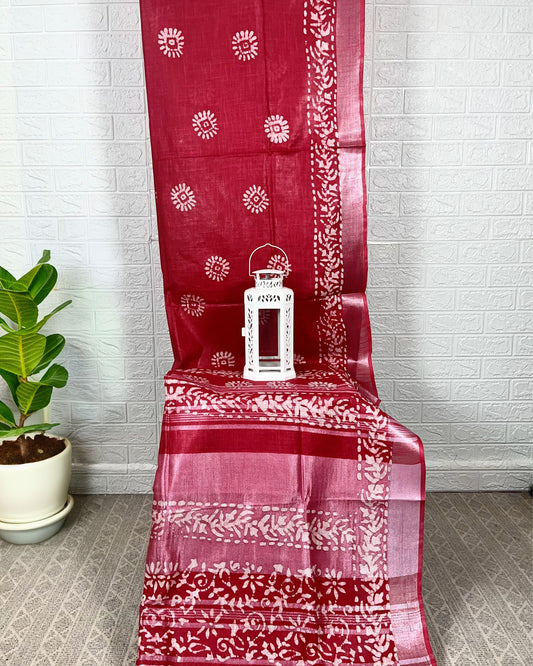 Crimson Slub Linen Batik Print Saree Red
