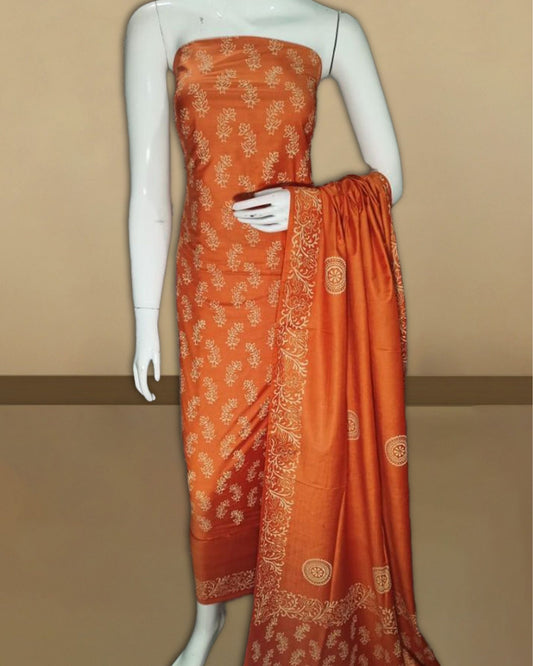 4378-Orange color Katan Silk Suit Piece with Bottom and Dupatta Floral Handblock Print