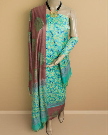 9461-Katan Silk Printed Suit Piece Green Color with Bottom and Dupatta Handcrafted