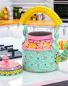 Playful Handpainted Green Pink Metal Kettle