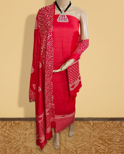 1006-Katan Silk Printed Suit Piece Red Color with Bottom and Dupatta Handcrafted