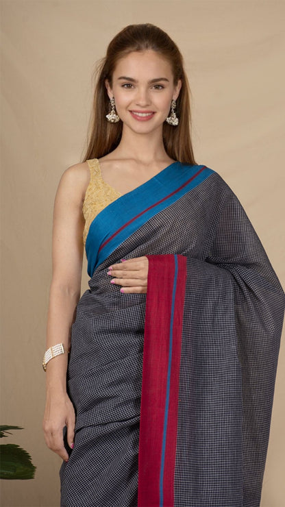 8335-Patteda Anchu Handloom Mark Certified Pure Cotton Black Saree with Running Blouse