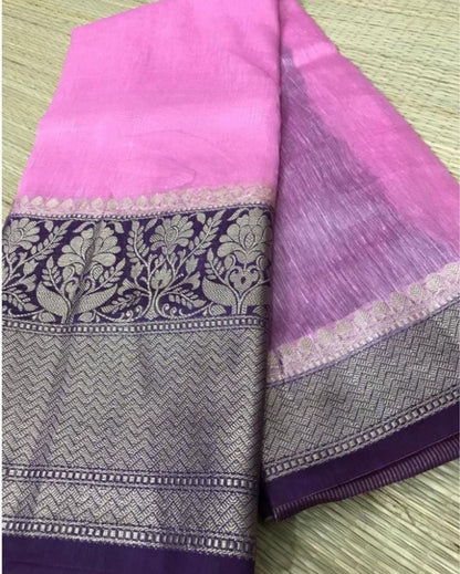 Exquisite Banarasi Silk Linen Pink Handloom Saree