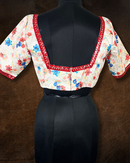 Crepe Silk Blouse White Floral Printed & Sequence With Lace