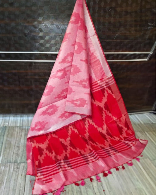 6791-Slub Linen Ikkat work Handloom Red Saree with Blouse