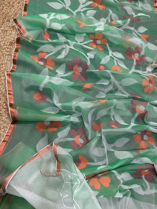 Indiehaat | Pure Muslin Silk Jamdani Saree Green