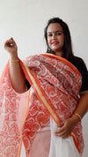 Vibrant Kota Doria Saree Orange & White Blockprinted