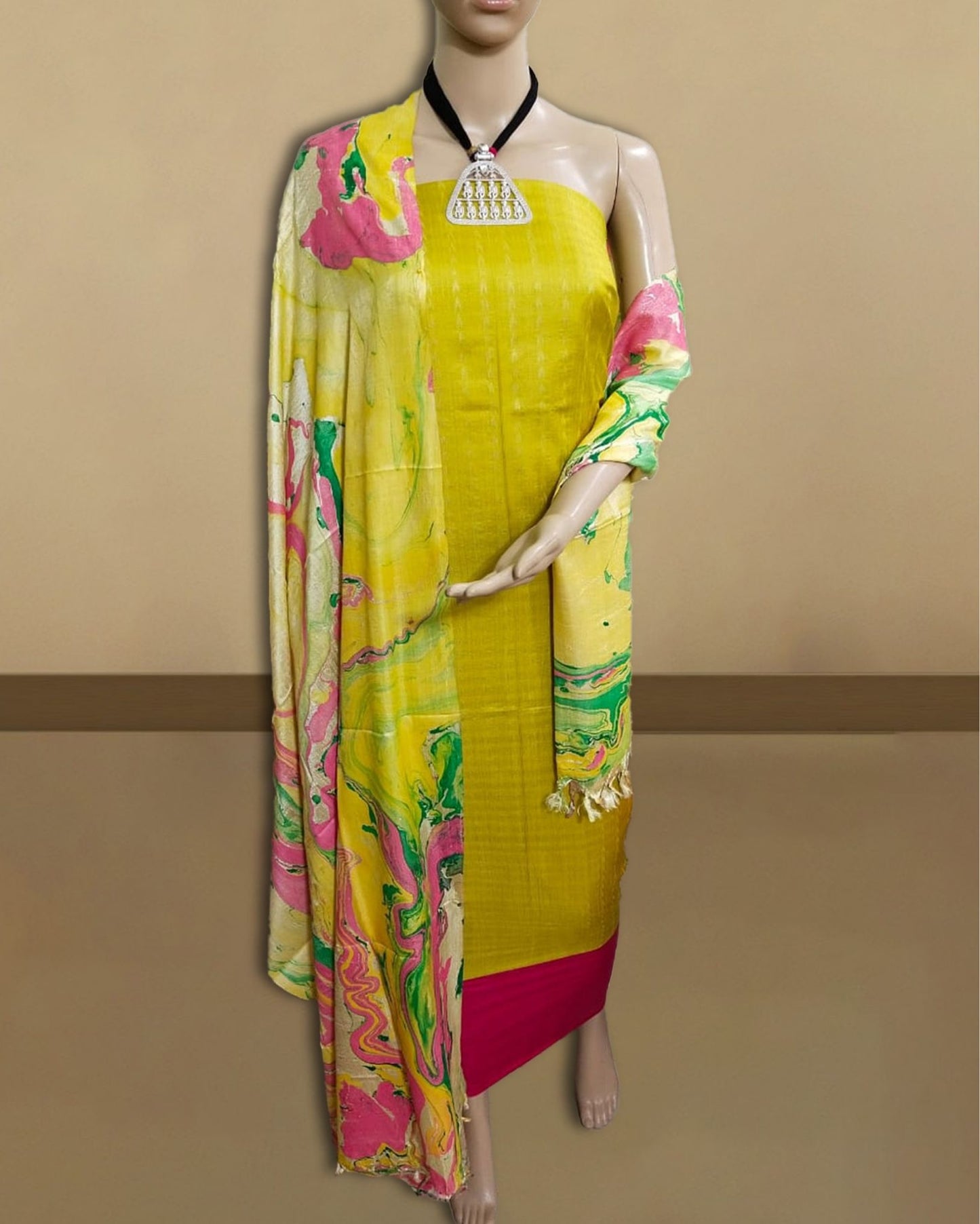 6928-Handcrafted Katan Yellow Silk Suit Piece with Bottom and Dupatta
