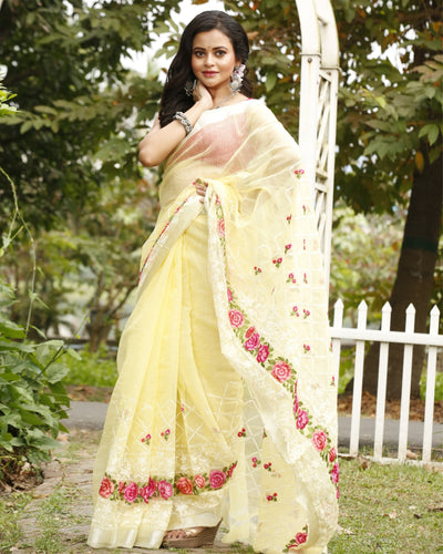 Artisanal Kota Doria Cotton Floral Embroidery Saree Yellow