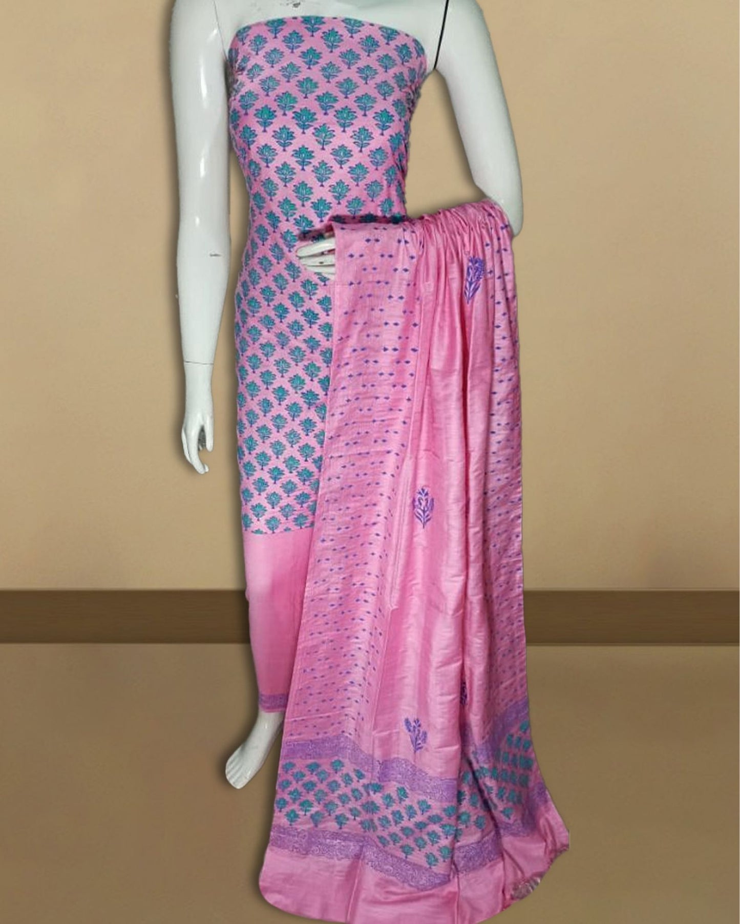 6156-Pink Katan Silk Suit Piece with Bottom and Dupatta Floral Handblock Print