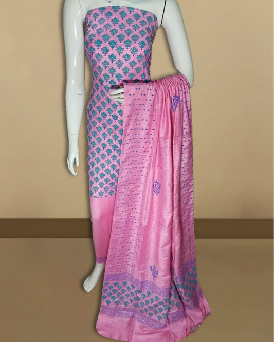 Katan Silk Brilliant Blockprint Pink Suit