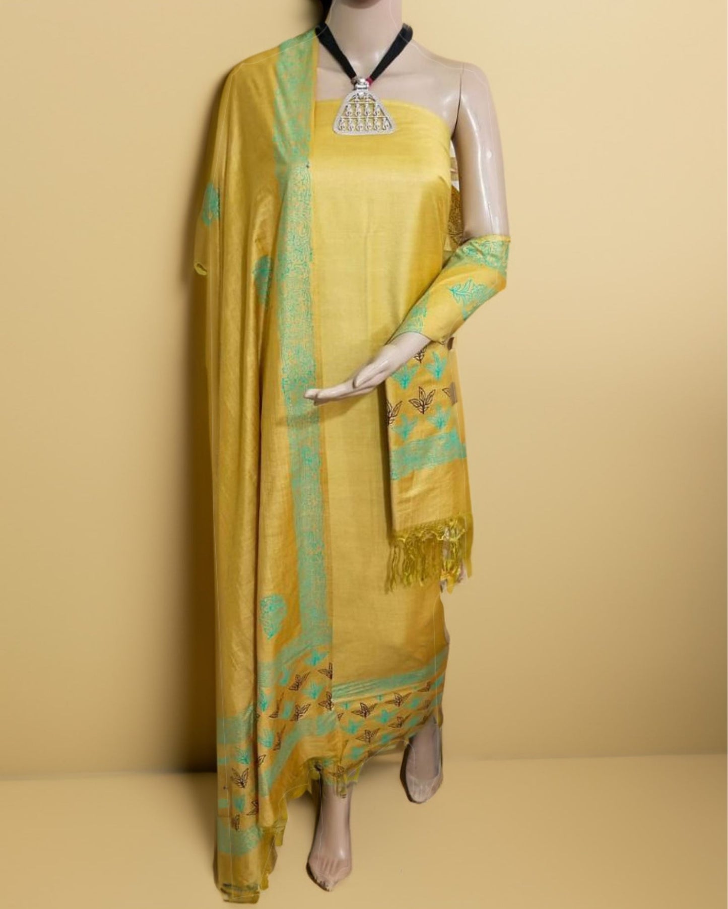 9053-Katan Silk Printed Suit Piece Yellow Color with Bottom and Dupatta Handcrafted