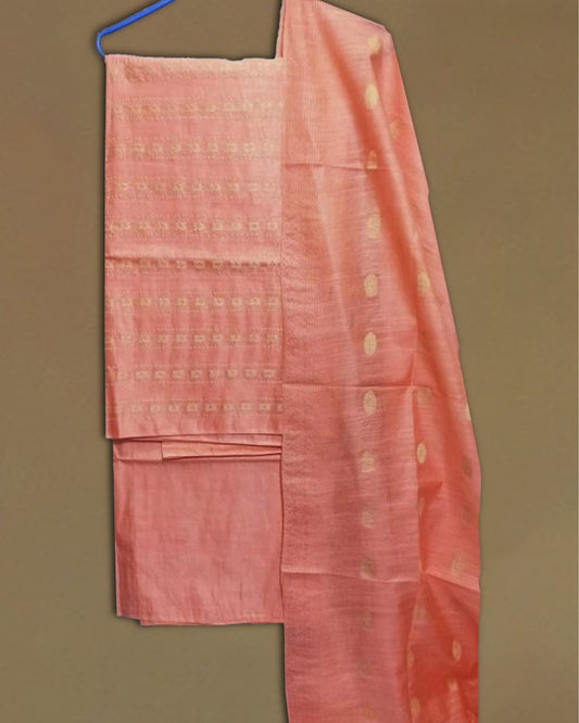 4092-Handcrafted Katan Silk Peach Suit Piece with Bottom and Dupatta