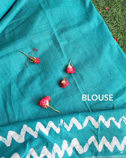 Turquoise Slub Linen Saree Batik Print Turquoise Blue