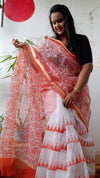 Vibrant Kota Doria Saree Orange & White Blockprinted